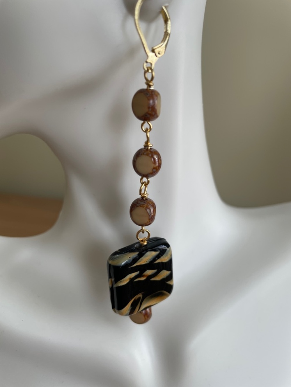 HAND CRAFTED ARTISAN LAMPWORK SQUARE GLASS EARRINGS Neutral Earthy Drop Dangles